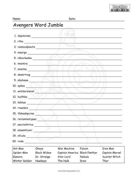 Avengers Word Jumble puzzle worksheet