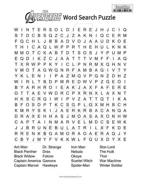 Avengers Word Search puzzle worksheet