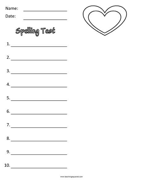 Spelling Test Paper to themed February worksheet