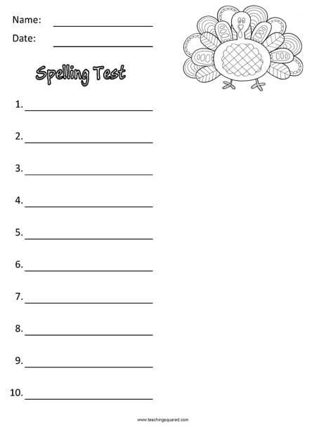 Spelling Test Paper to themed November worksheet