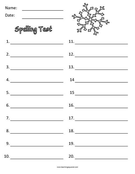 Spelling Test Paper to 20 themed December worksheet