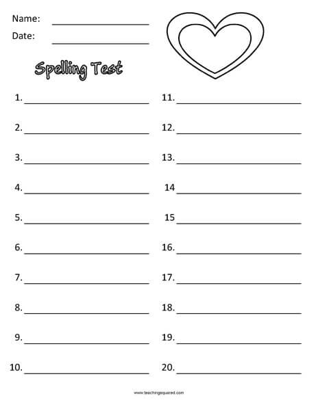 Spelling Test Paper to 20 themed February worksheet