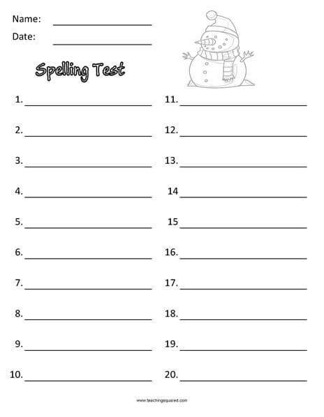 Spelling Test Paper to themed January worksheet