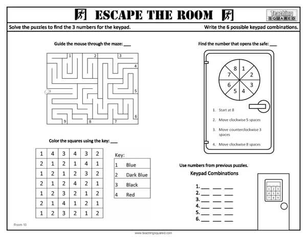Escape the Room: Room 10 Activity Fun Worksheet