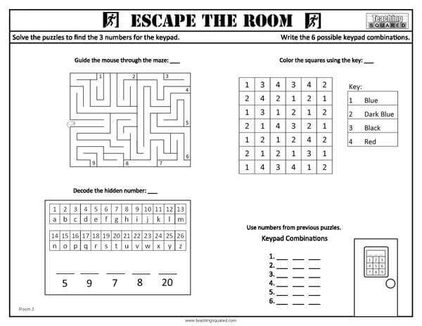 Escape the Room: Room 3 Activity Fun Worksheet