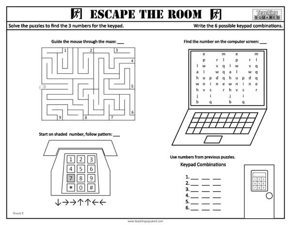 Escape the Room: Room 5 Activity Fun Worksheet