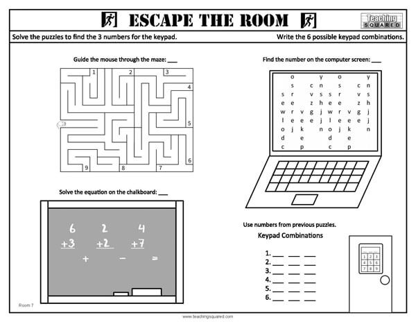 Escape the Room: Room 7 Activity Fun Worksheet