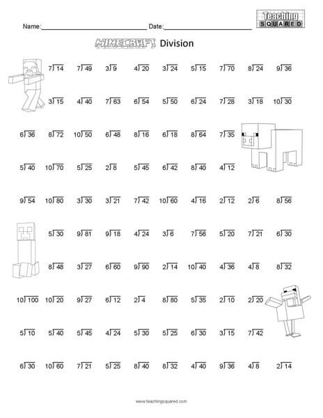Minecraft Math Division worksheets teaching and homeschool