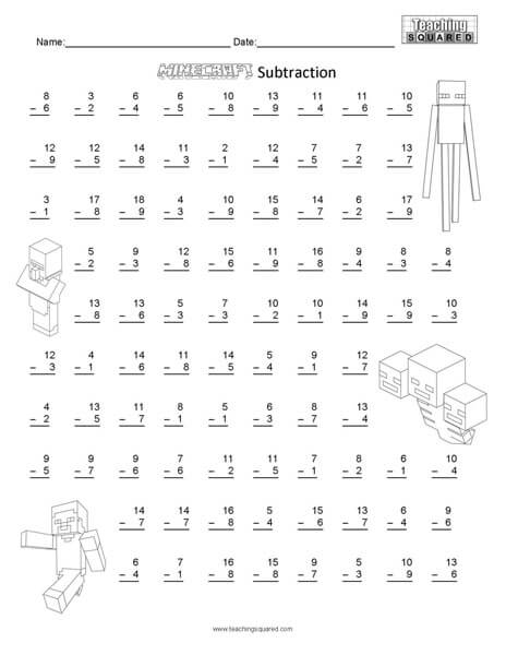 Minecraft Math Subtraction worksheets teaching and homeschool