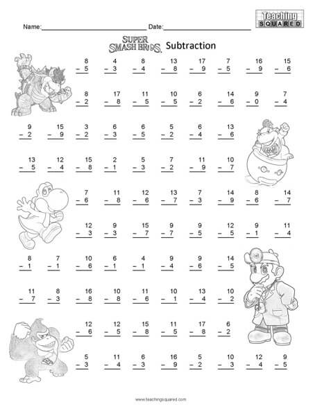 Nintendo Math Subtraction worksheets teaching and homeschool