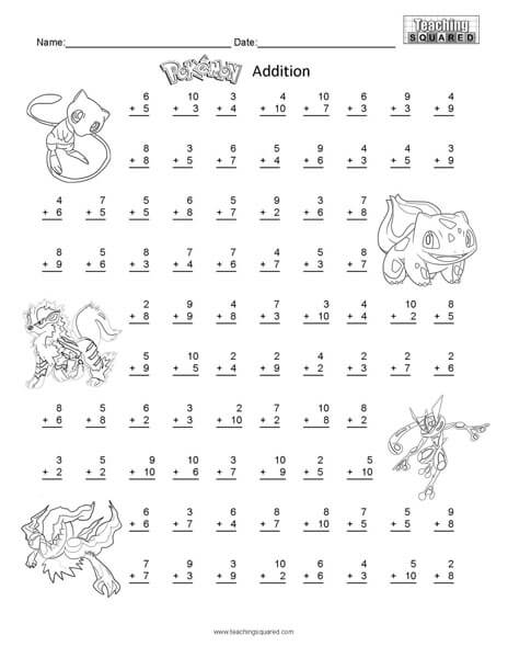 Pokémon Addition Worksheet teaching and homeschool