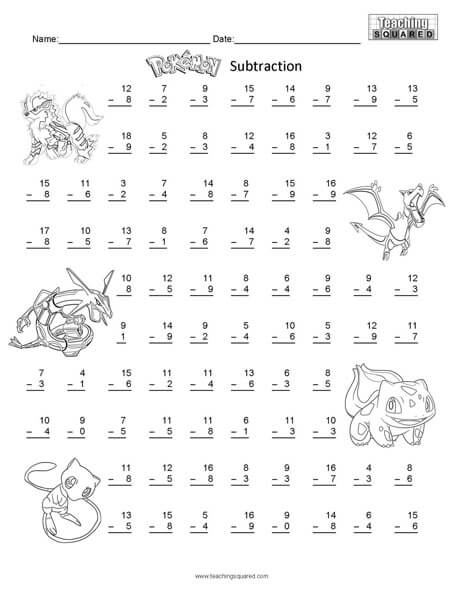 Pokémon Math Subtraction worksheets teaching and homeschool