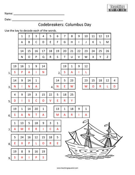 Columbus Day Codebreakers Fun kids activity