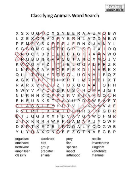 Classifying Animals Science Word Search Puzzle
