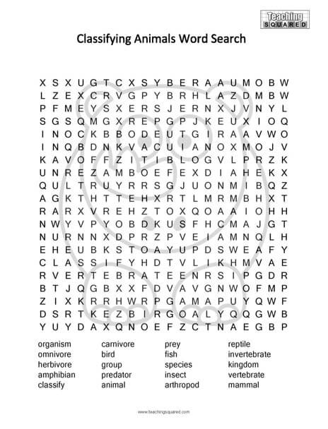 Classifying Animals Science Word Search puzzle fun free printable