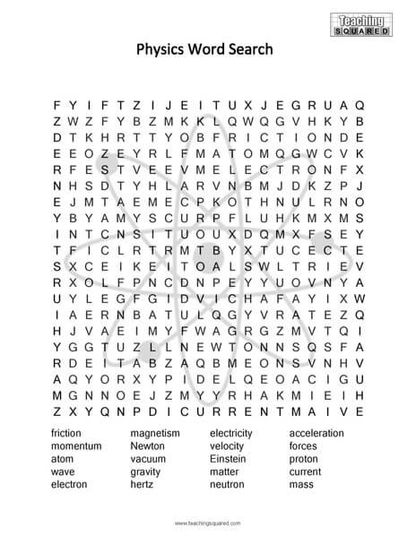 Physics Science Word Search puzzle fun free printable