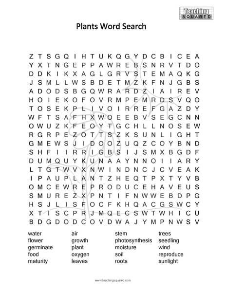 Plants Science Word Search puzzle fun free printable