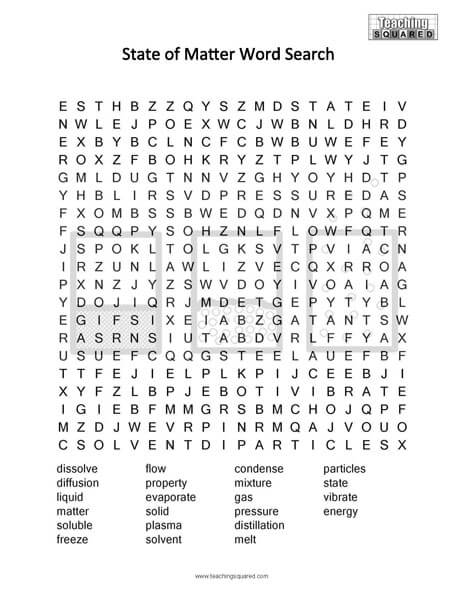 States of Matter Science Word Search puzzle fun free printable