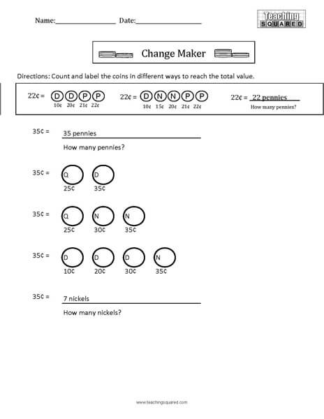 Change Maker Counting coins math worksheets teaching