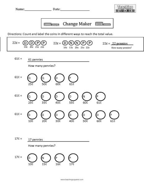 Change Maker Counting coins math worksheets teaching