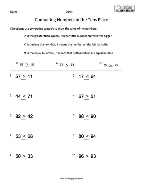 Comparing Numbers to Tens Worksheet
