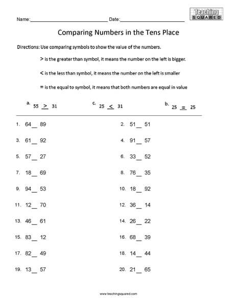 Comparing Numbers to Tens Worksheet