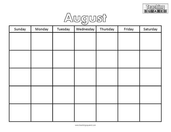 August Calendar Printable Worksheet