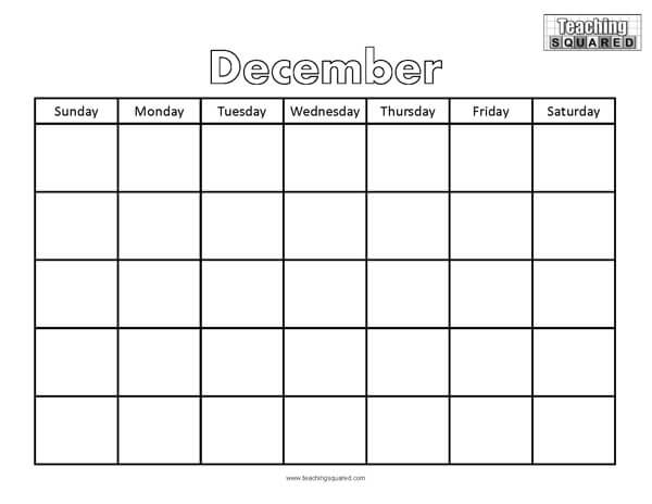 December Calendar Printable Worksheet