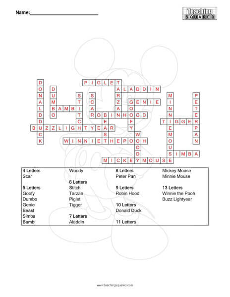 Disney Characters Word Square Puzzle