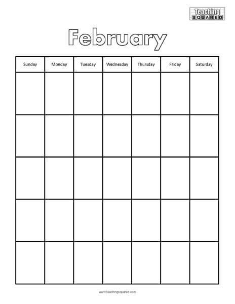 February Horizontal calendar worksheet