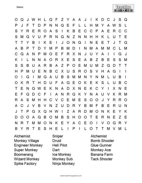Bloons TD 6 Word Search Puzzle