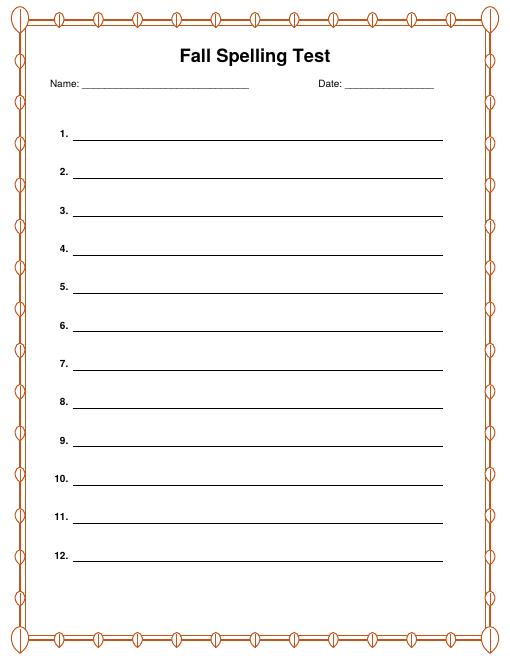 Free Printable Fall Spelling Test Paper with Decorative Border