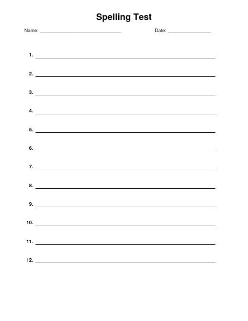 Free Printable Spelling Test Paper with 12 Numbered Lines