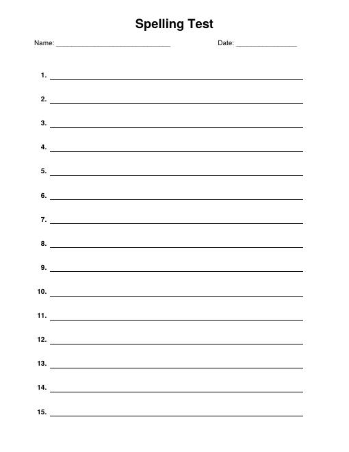 Free Printable Spelling Test Paper with 15 Numbered Lines