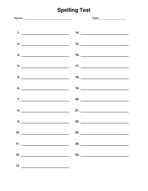 Free Printable Spelling Test Paper with 25 Numbered Lines