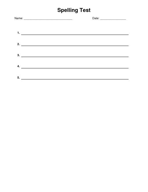 Free Printable Spelling Test Paper with 5 Numbered Lines