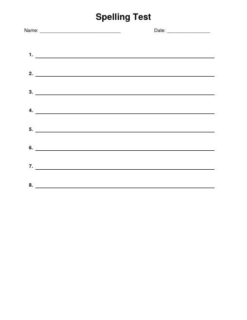 Free Printable Spelling Test Paper with 8 Numbered Lines