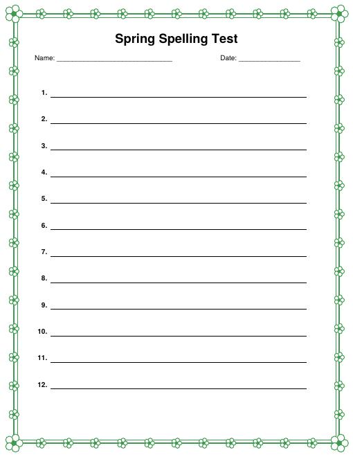 Free Printable Spring Spelling Test Paper with Decorative Border