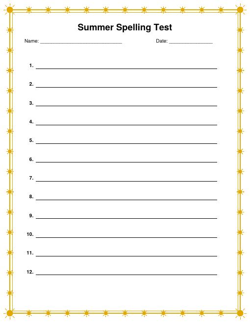 Free Printable Summer Spelling Test Paper with Decorative Border