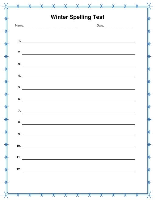 Free Printable Winter Spelling Test Paper with Decorative Border
